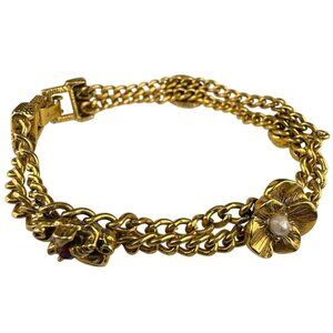 Goldette Womens Gold Tone Chain Bracelet Floral Pearls Layered Design Signed